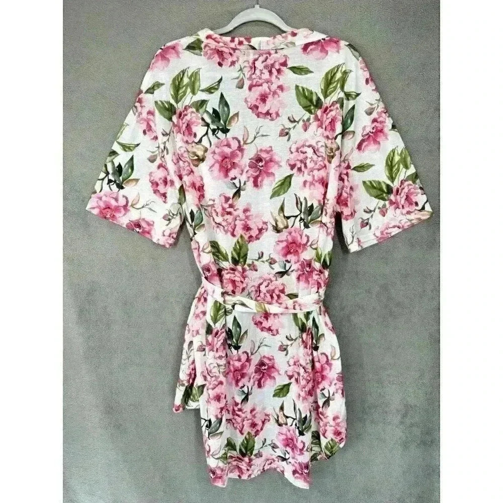 Show Me Your Mumu Brie Robe One Size Floral White Pink Wrap Scoop Kimono Belt - Picture 6 of 9